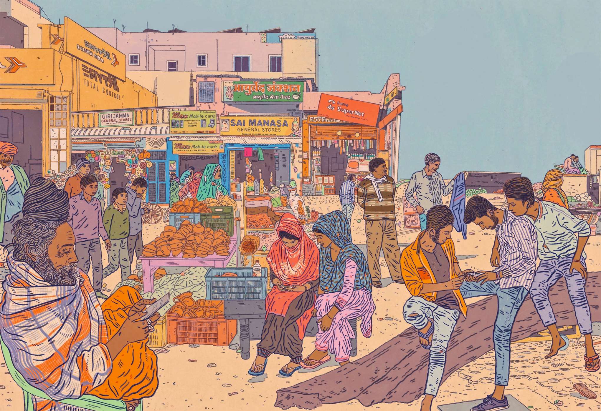 Anna Higgie, Detailed illustration of a market scene in India, exploring rise of use of mobile phones. Editorial illustration for Trust Magazine. 